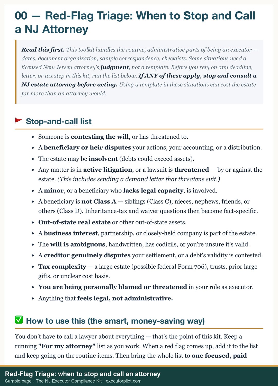 Sample page from the kit: Red-Flag Triage, the list of situations where an executor should stop and consult a New Jersey attorney