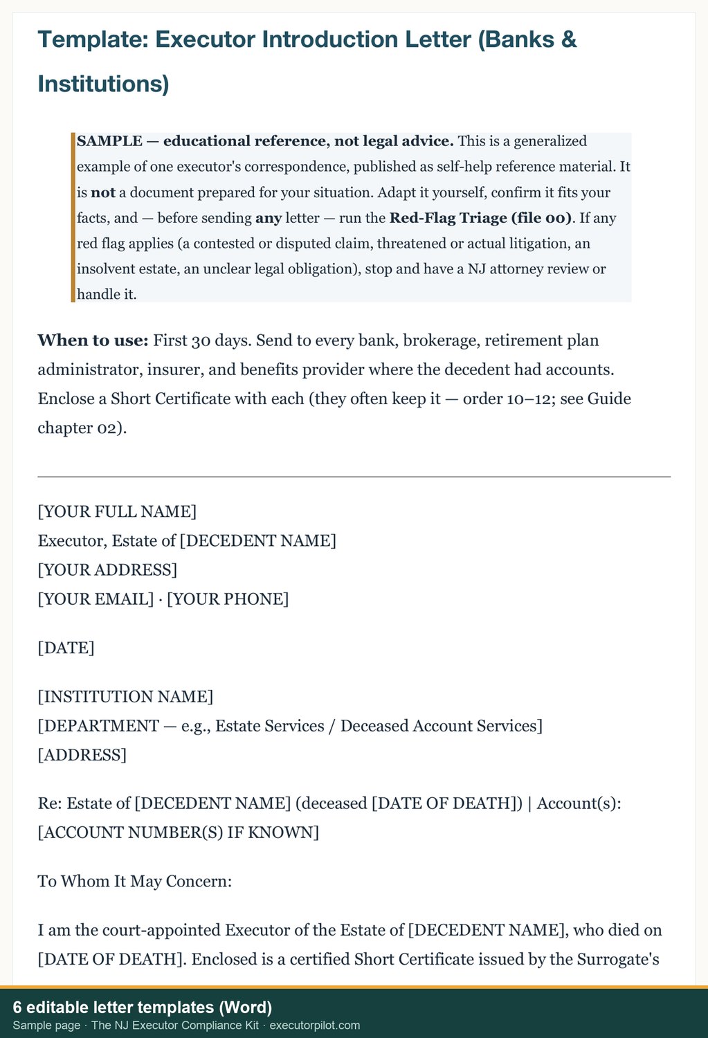 Sample from the kit: an editable Word letter template introducing the executor to banks and financial institutions